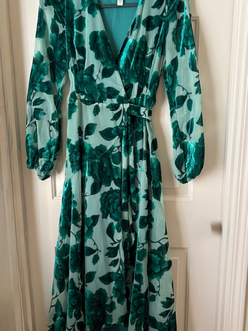 Anthropologie Teal & Emerald Floral Velvet-Print Wrap Maxi Dress